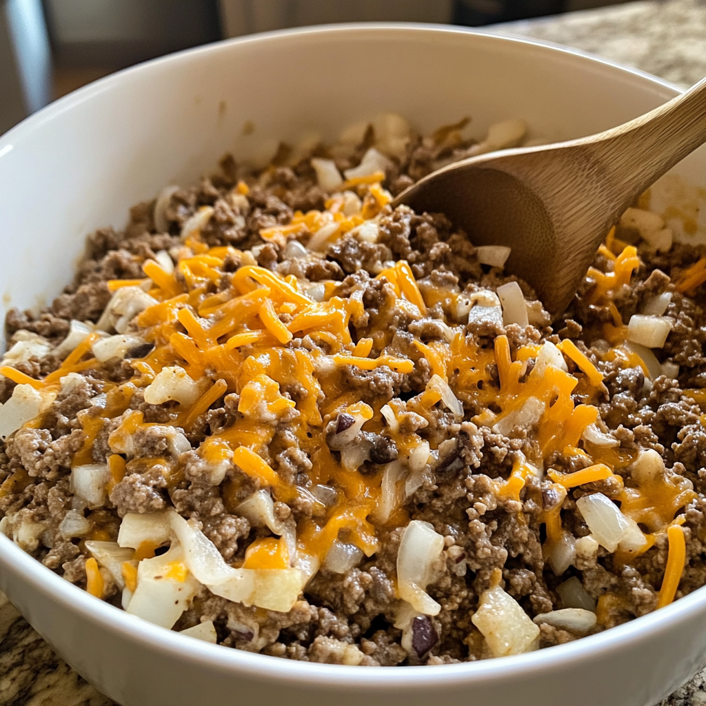 Mixing beef, hash browns, and creamy ranch sauce for Hearty Cowboy Beef & Potato Casserole