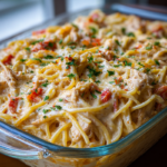 Creamy Rotel Chicken Spaghetti Casserole fresh from the oven with melted cheddar and parsley on top next to a window