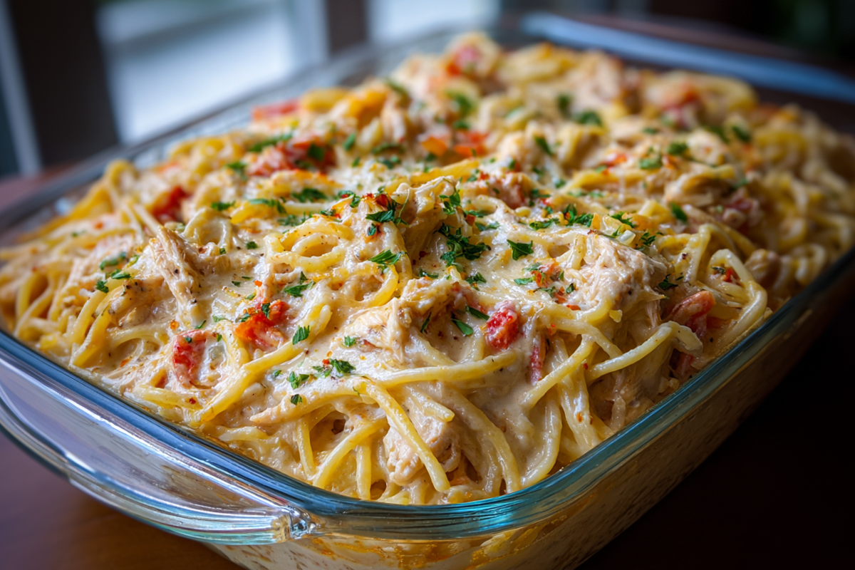 Creamy Rotel Chicken Spaghetti Casserole fresh from the oven with melted cheddar and parsley on top next to a window
