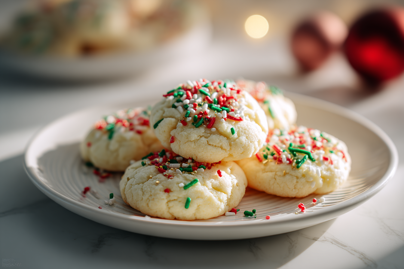Soft Cream Cheese Christmas Cookies arranged on a white plate with festive red and green sprinkles.