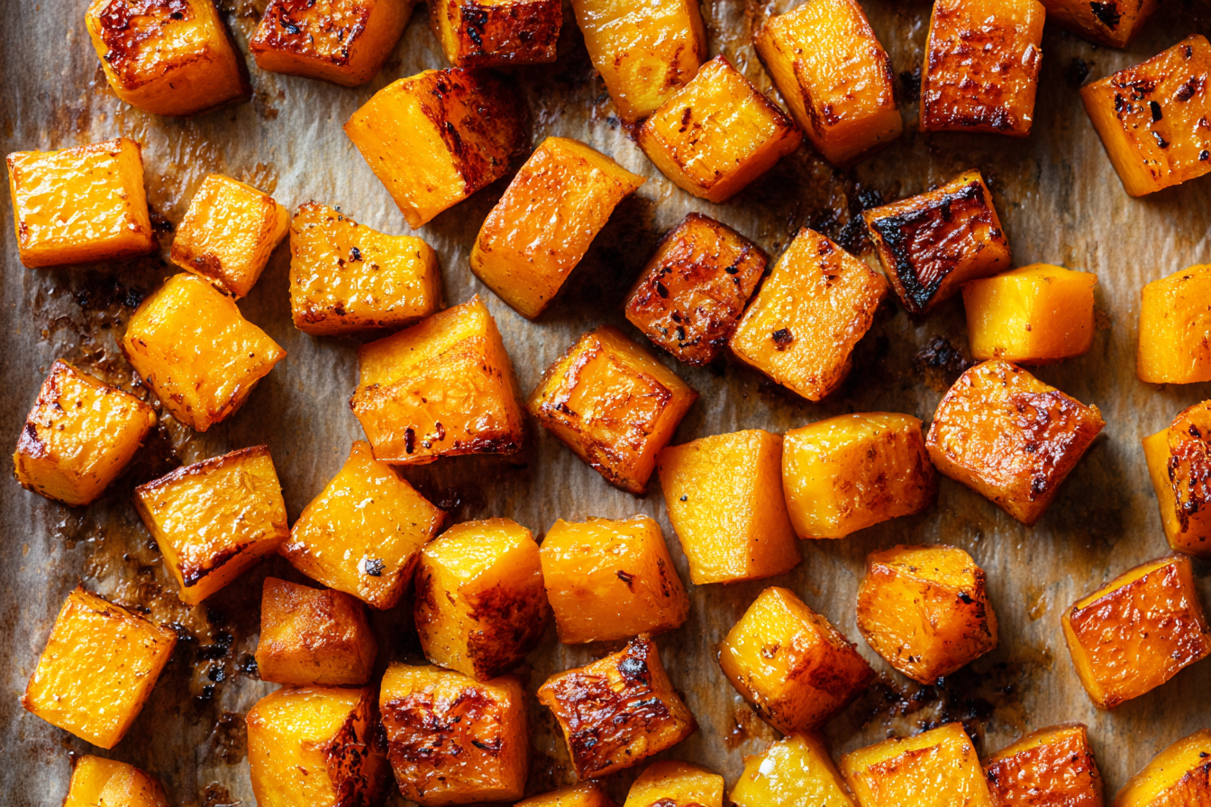 caramelized roasted butternut squash on a baking sheet
