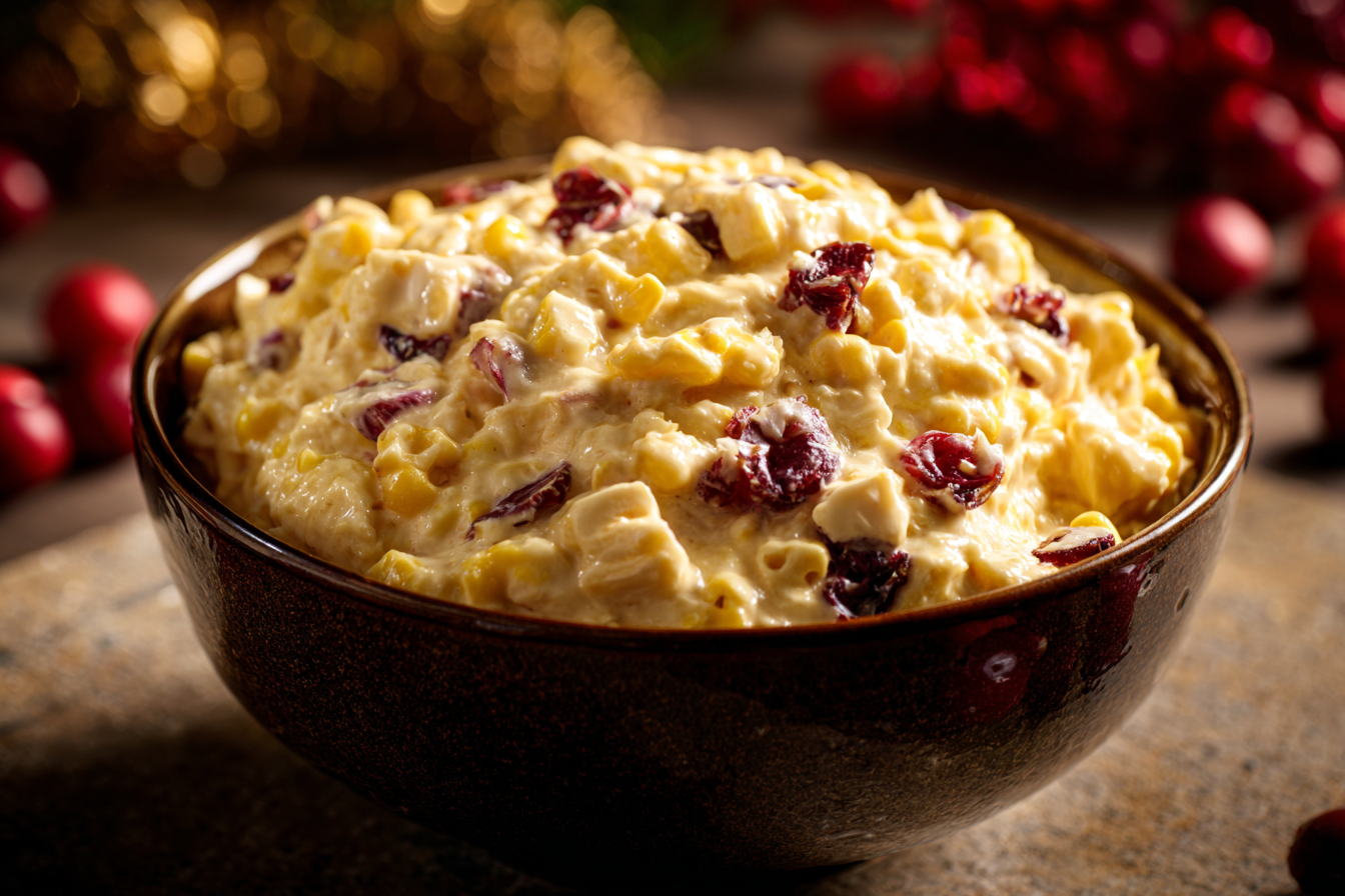 Bowl of creamy corn, cheese, and cranberry mixture.