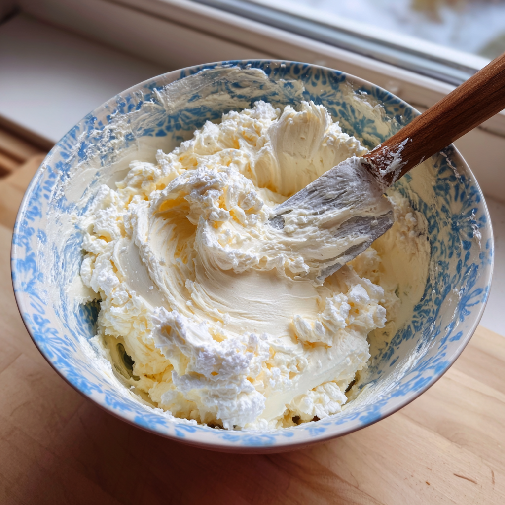 Fluffy creamed mixture of butter, cream cheese, and powdered sugar in a mixing bowl.