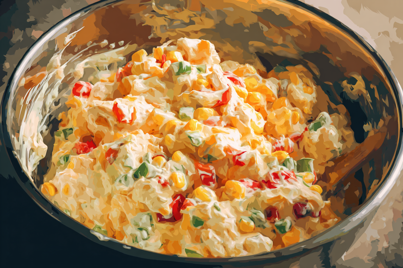 Bowl of creamy chicken, corn, cheese, and pepper casserole filling