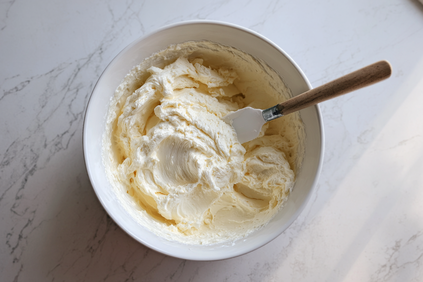 Smooth cream cheese cheesecake filling being mixed in a bowl.