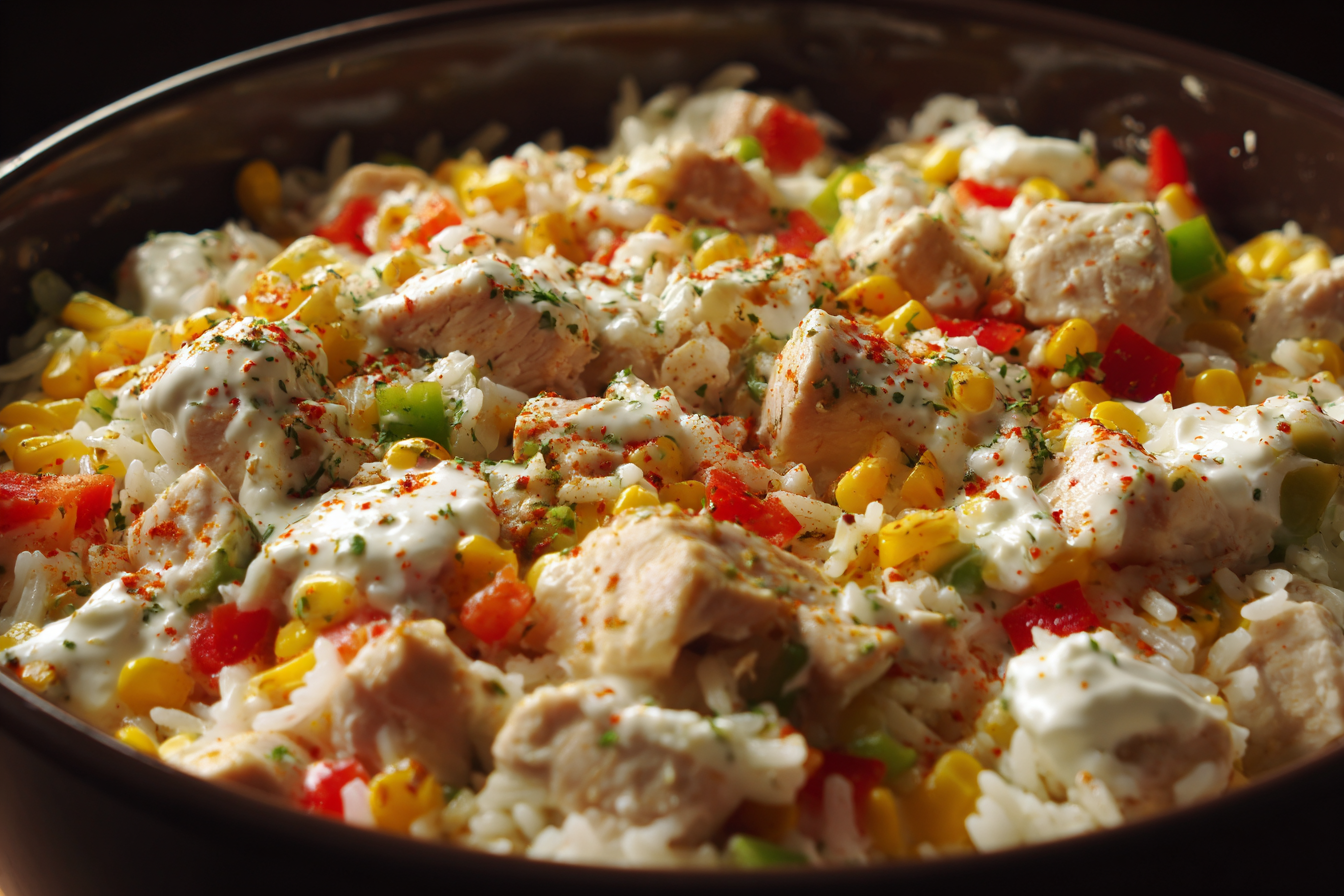Bowl of creamy chicken, rice, corn, and peppers being mixed.