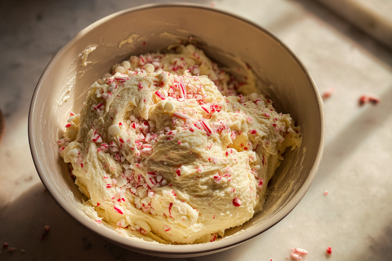 Thick peppermint cheesecake crinkle dough with white chocolate and crushed peppermint.