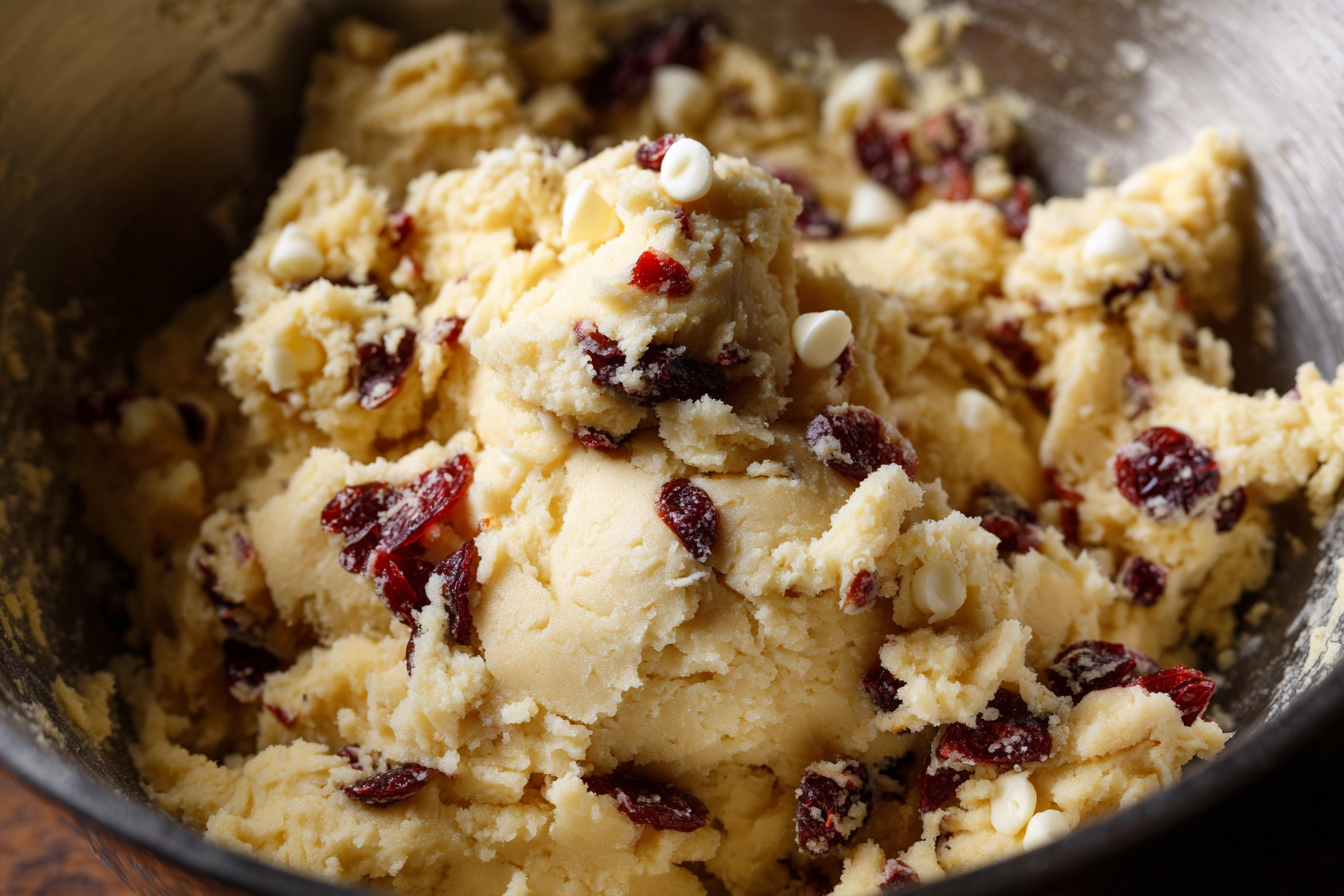 Cookie dough mixed with cranberries and white chocolate chips in a bowl.