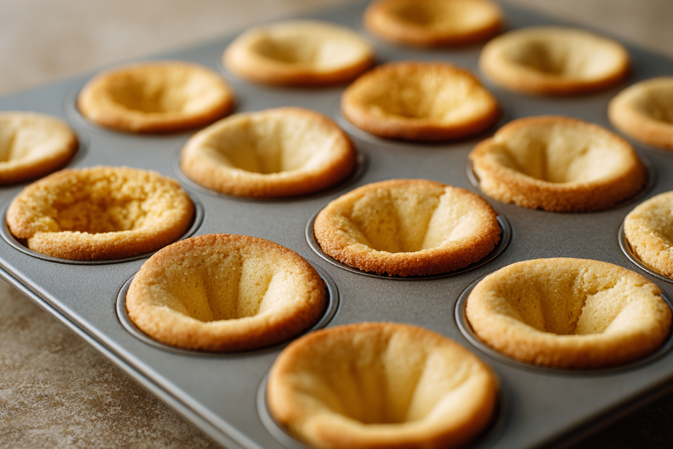 Freshly baked sugar cookie cups with wells formed in the center.