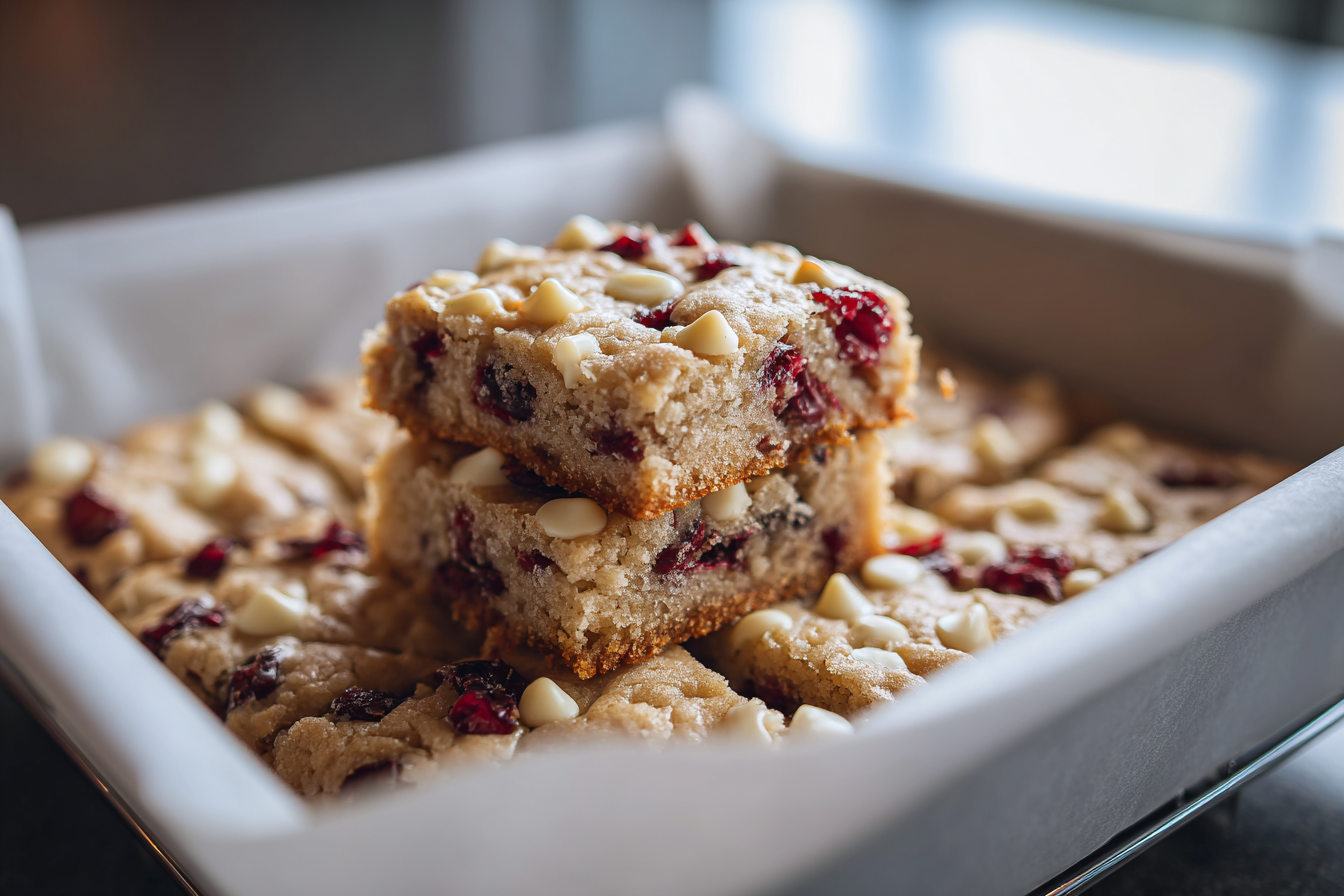 freshly baked white chocolate cranberry cookie bars cooling in pan