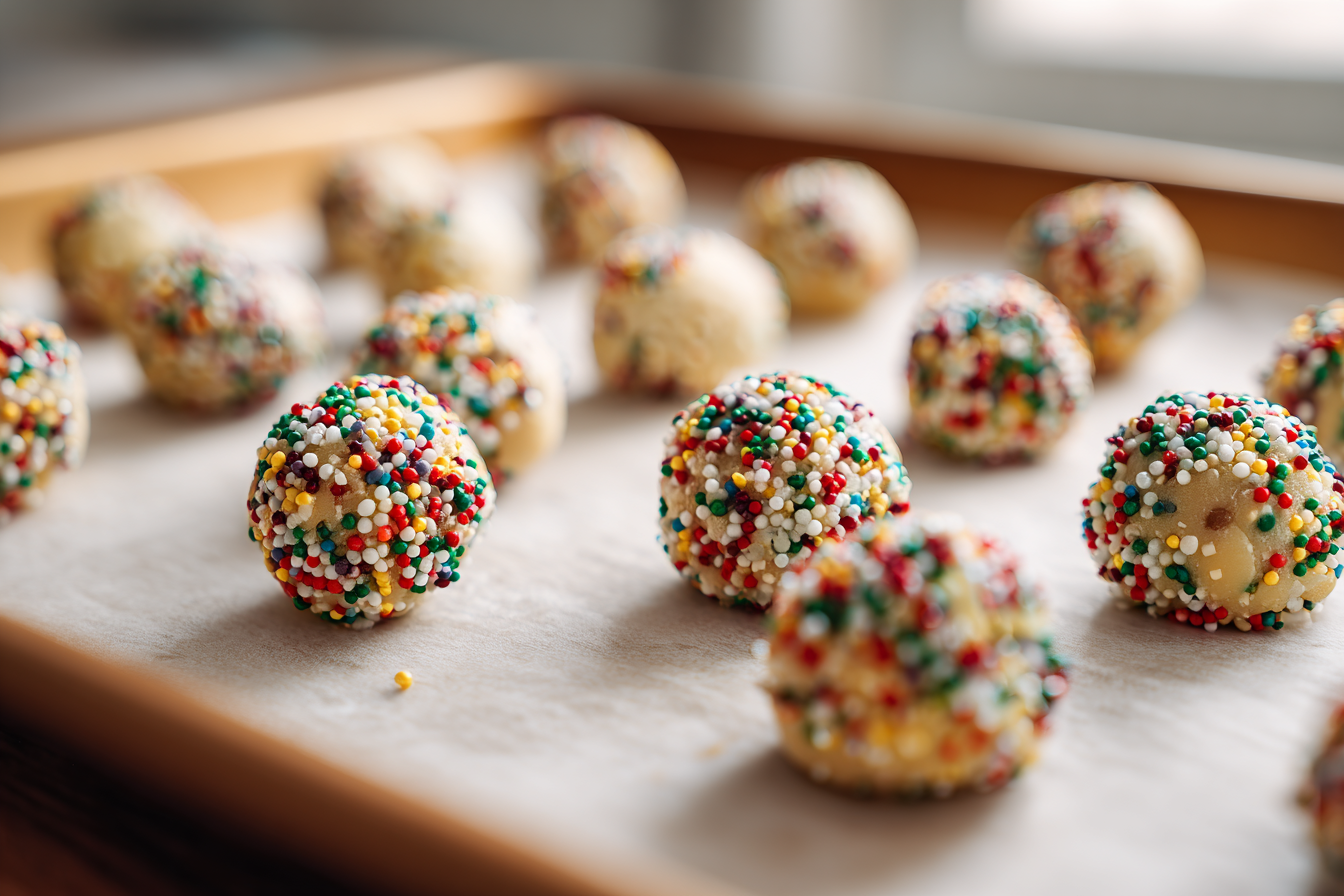 Cookie dough balls rolled in red and green Christmas sprinkles on a parchment-lined baking sheet.