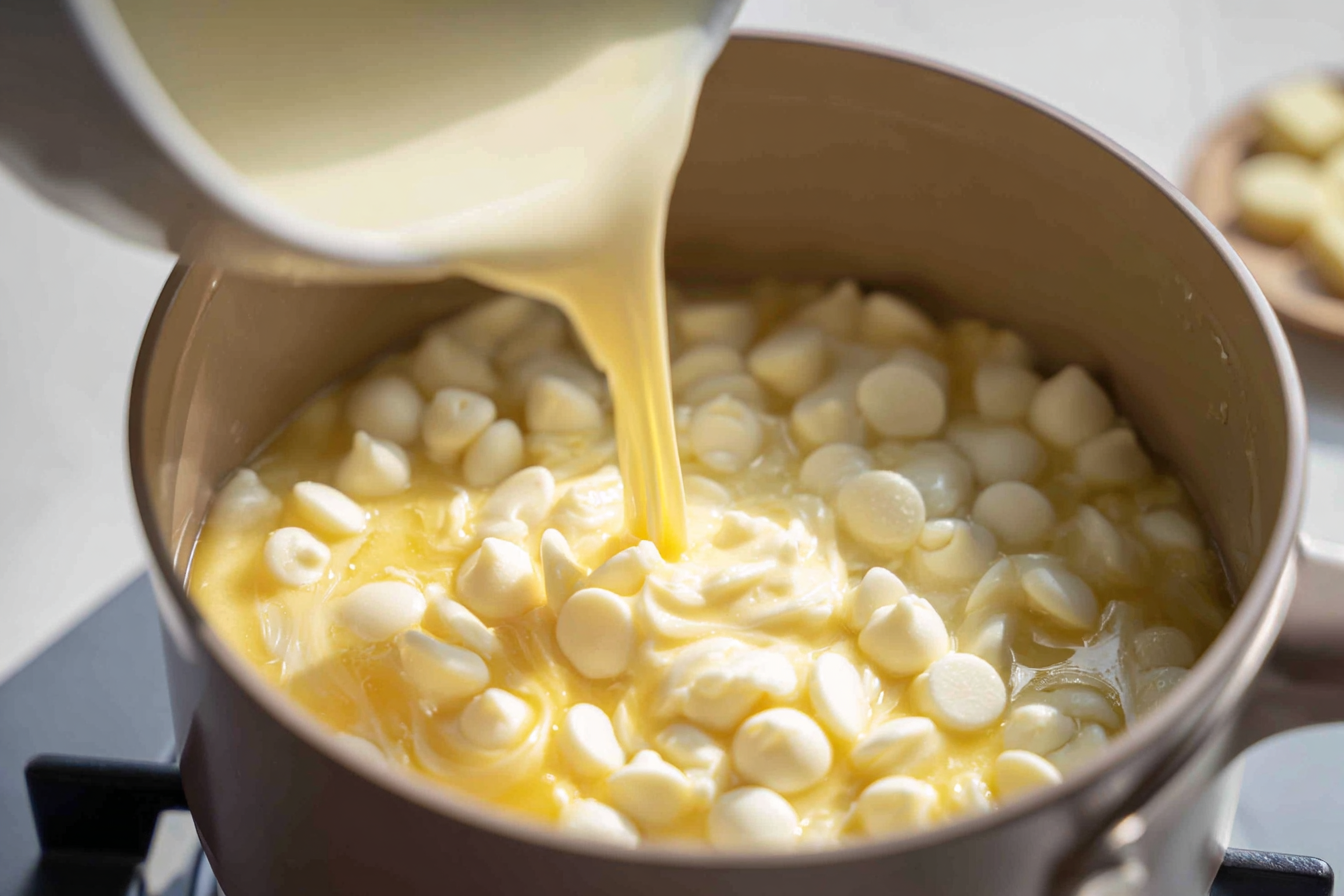 White chocolate chips melting with condensed milk and butter in a saucepan.