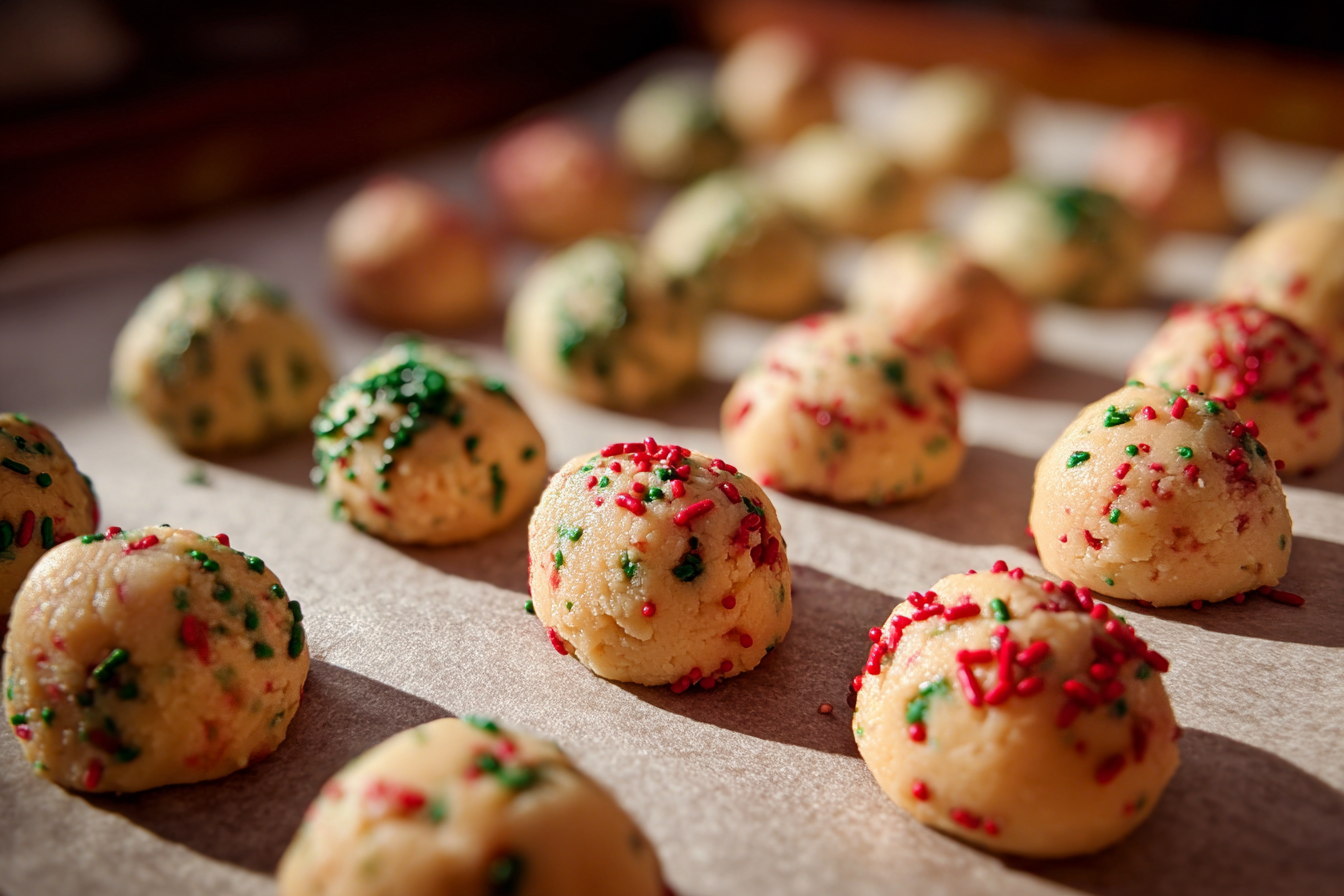 Cream cheese cookie dough balls with red and green sprinkles on a parchment-lined baking sheet.