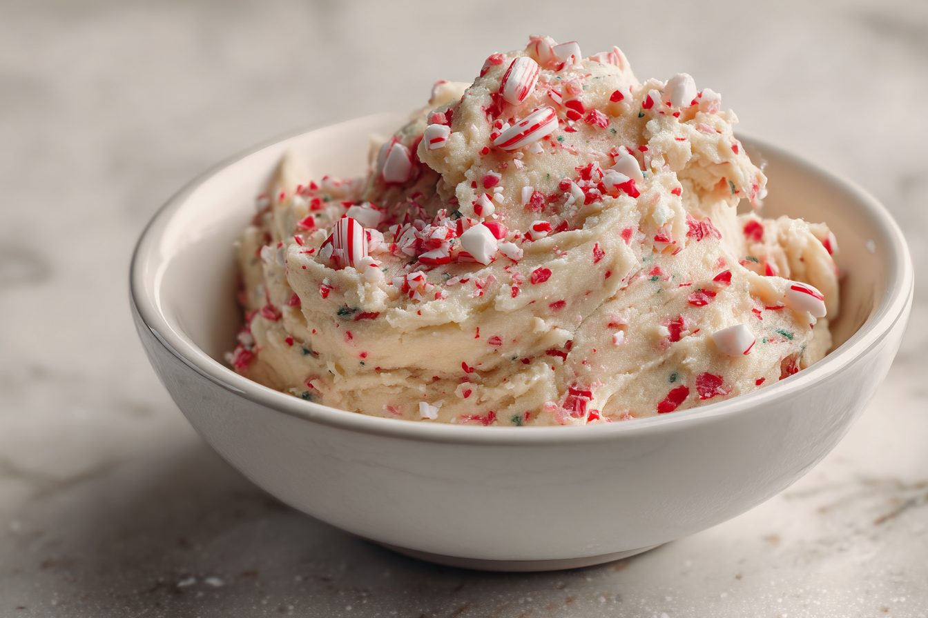 Bowl of candy cane snowball cookie dough