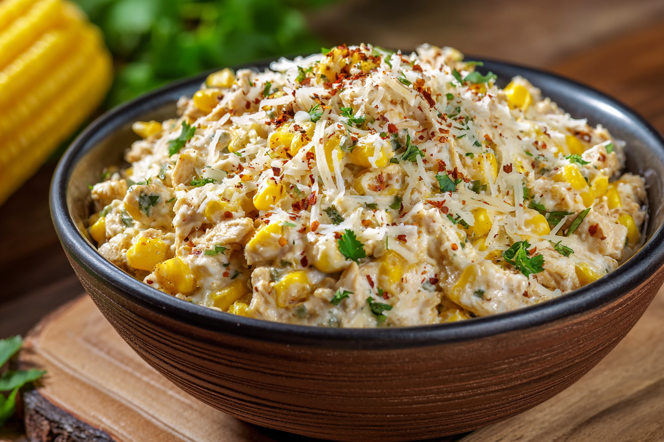 : Creamy chicken, corn, and cheese mixture in a white bowl.