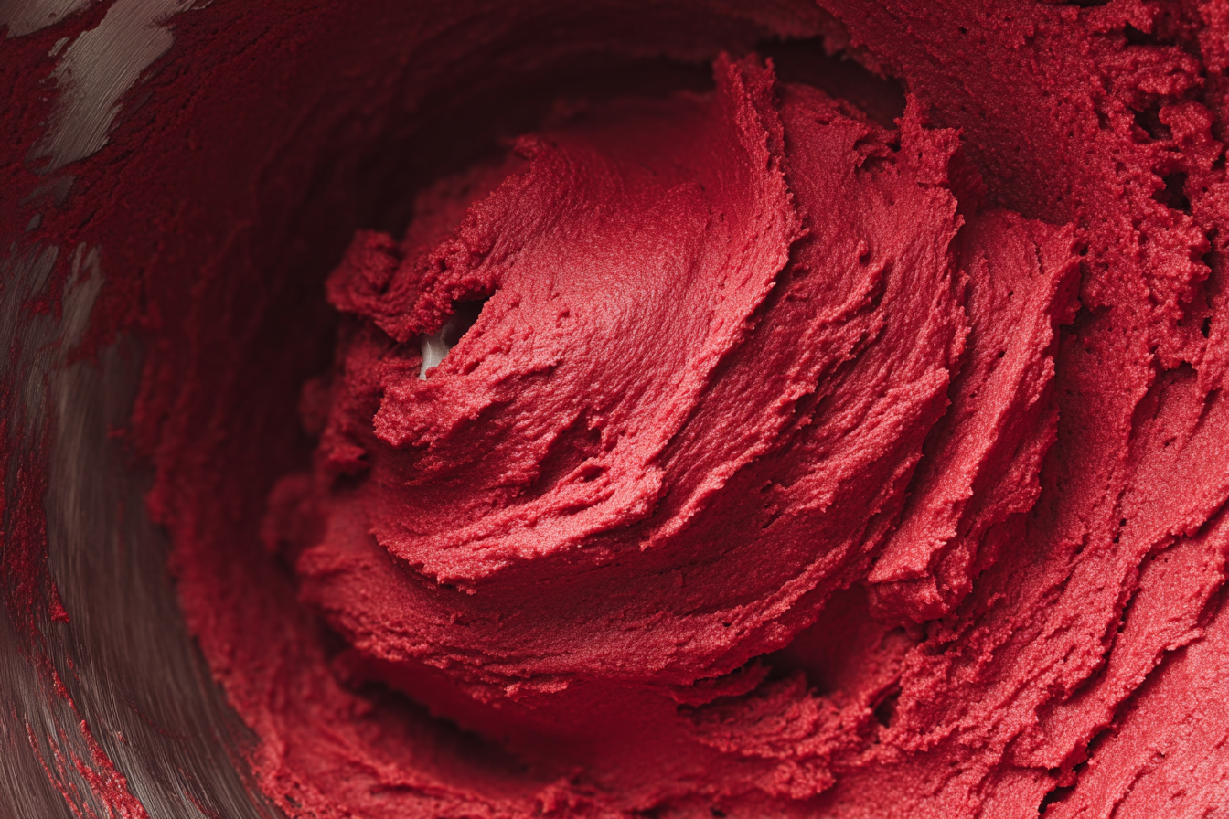 Bowl of red velvet cream cheese cookie dough.