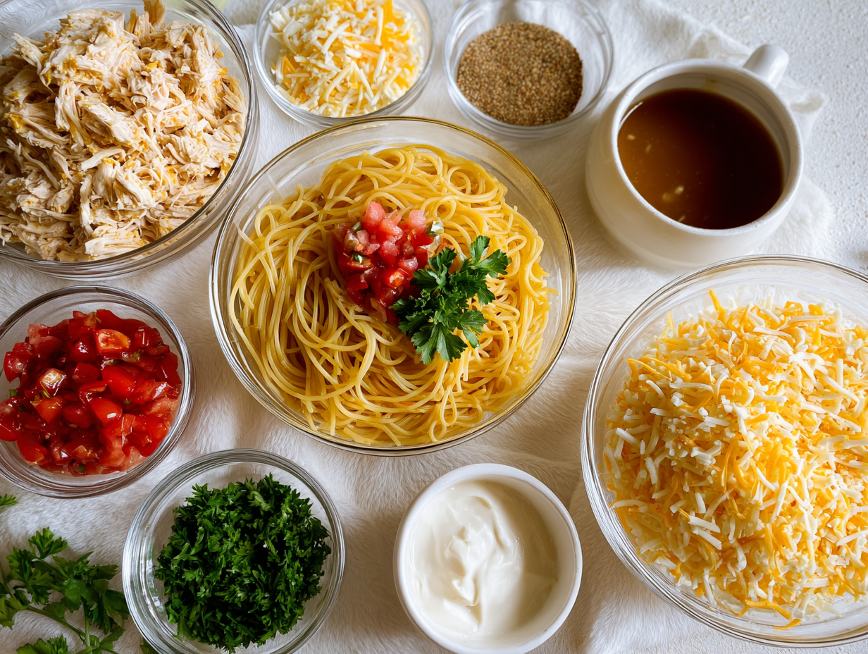 Ingredients for Rotel Chicken Spaghetti Casserole arranged neatly on a white background