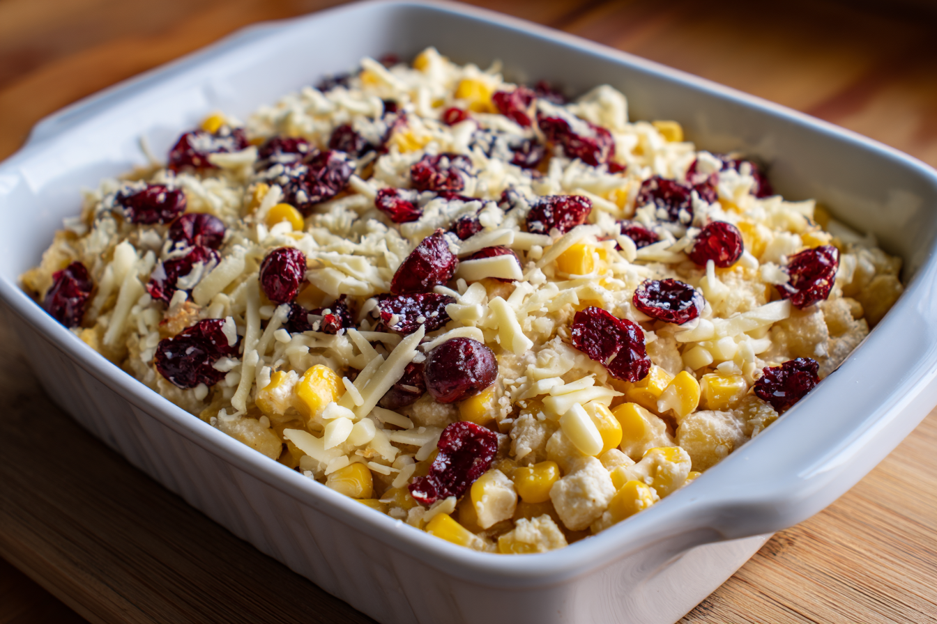 Unbaked creamy corn mixture in casserole dish.