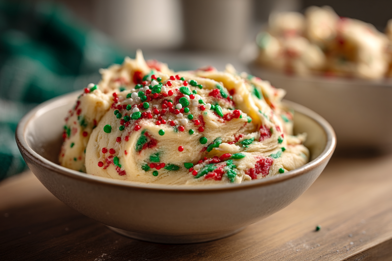 Cream cheese cookie dough mixed with red and green Christmas sprinkles.
