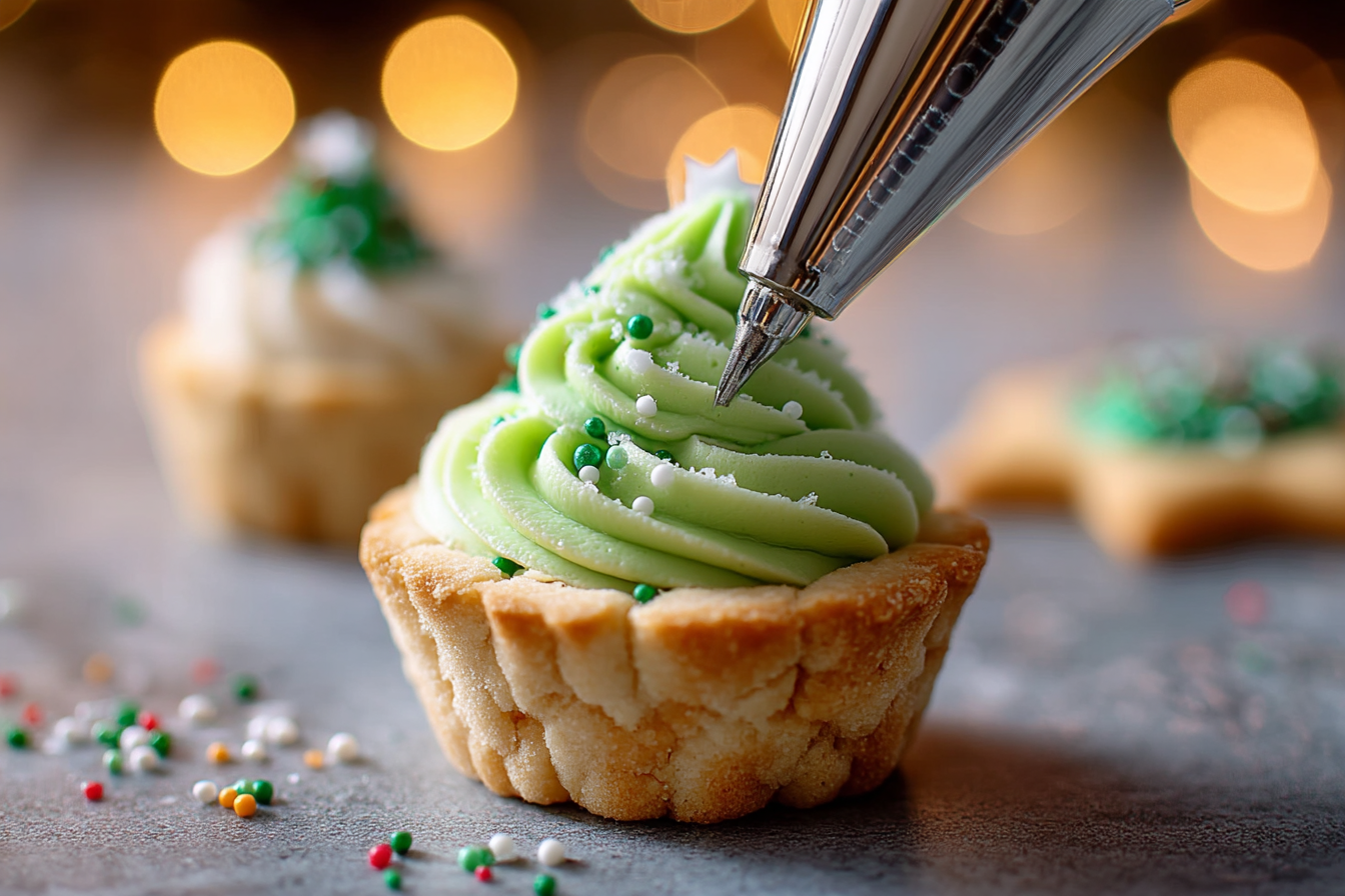 Piping green cream cheese frosting into a Christmas tree shape inside a cookie cup.
