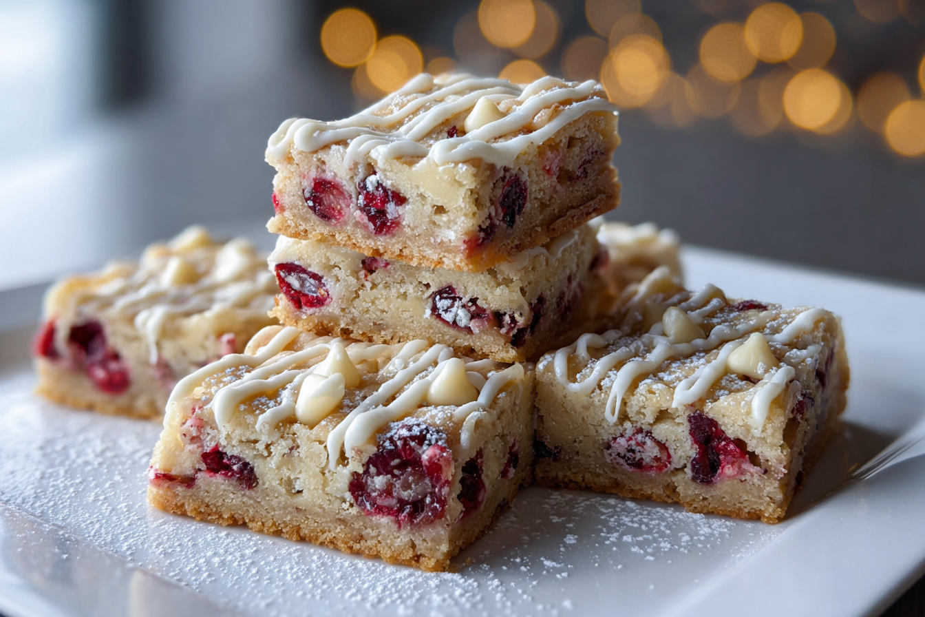 drizzling melted white chocolate over cranberry cookie bars