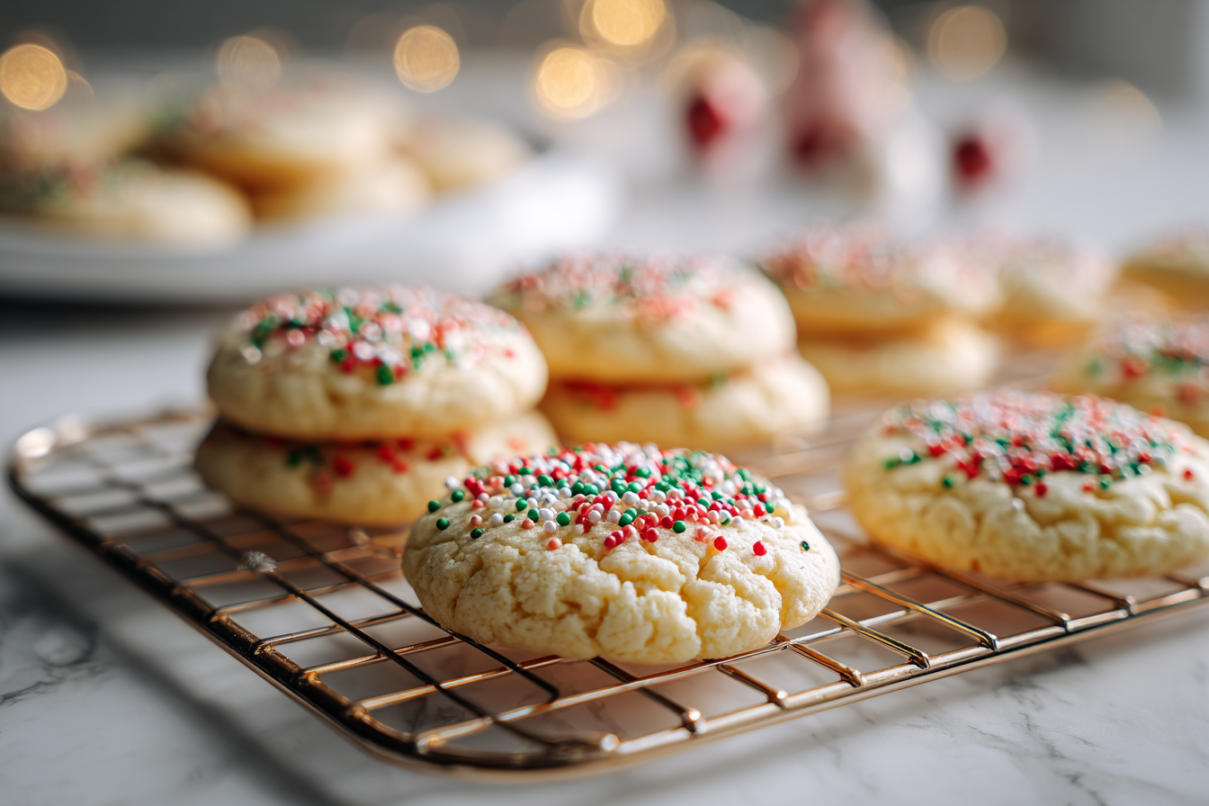 Freshly baked Cream Cheese Christmas Cookies cooling on a wire rack with festive sprinkles.