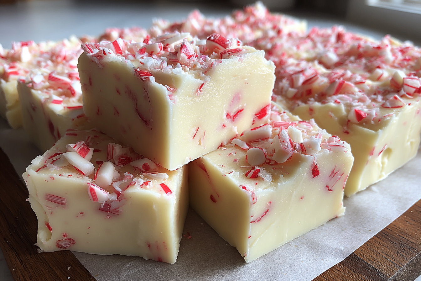 Peppermint white chocolate fudge spread into a parchment-lined pan and topped with crushed candy canes.