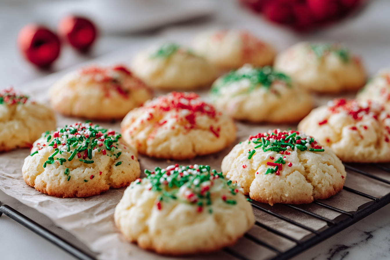 Fresh Cream Cheese Christmas Cookies cooling on a wire rack with red and green sprinkles.