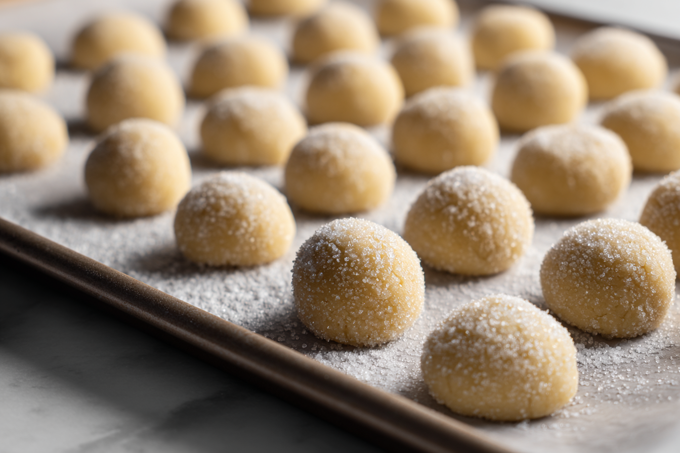 Cookie dough balls rolled in sugar on a baking sheet