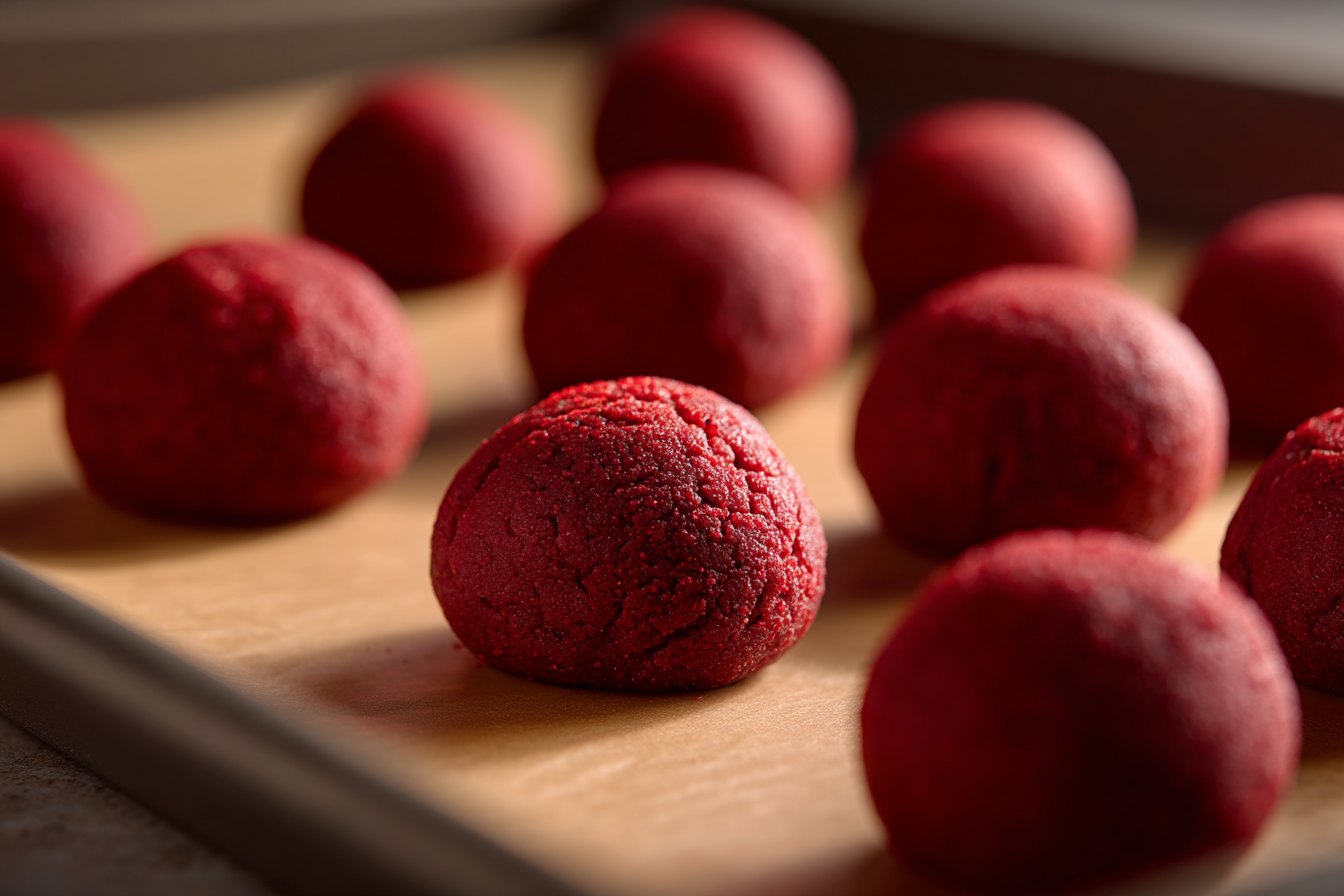 Red velvet cookie dough balls on a baking tray.