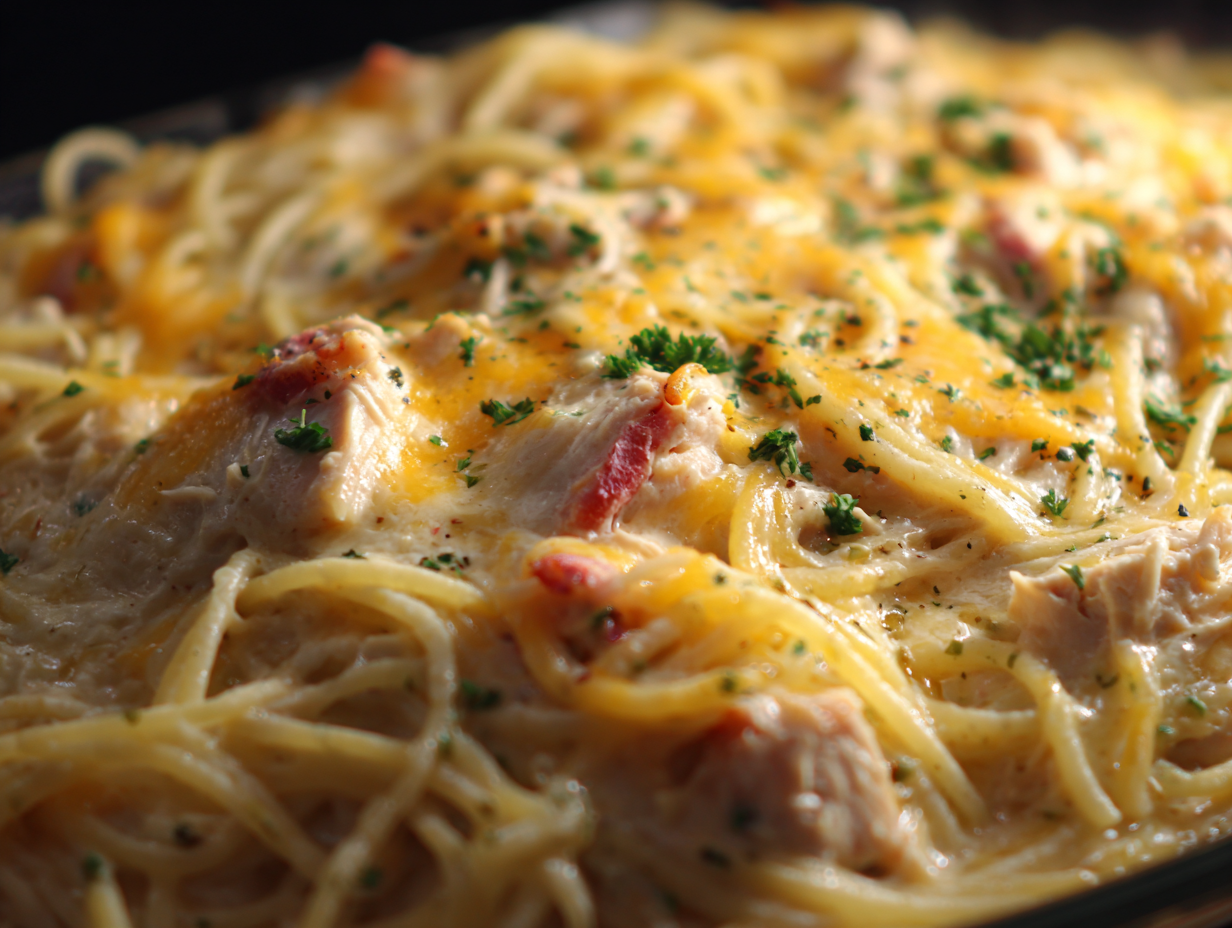 Close-up of golden baked Rotel Chicken Spaghetti Casserole with cheese bubbling
