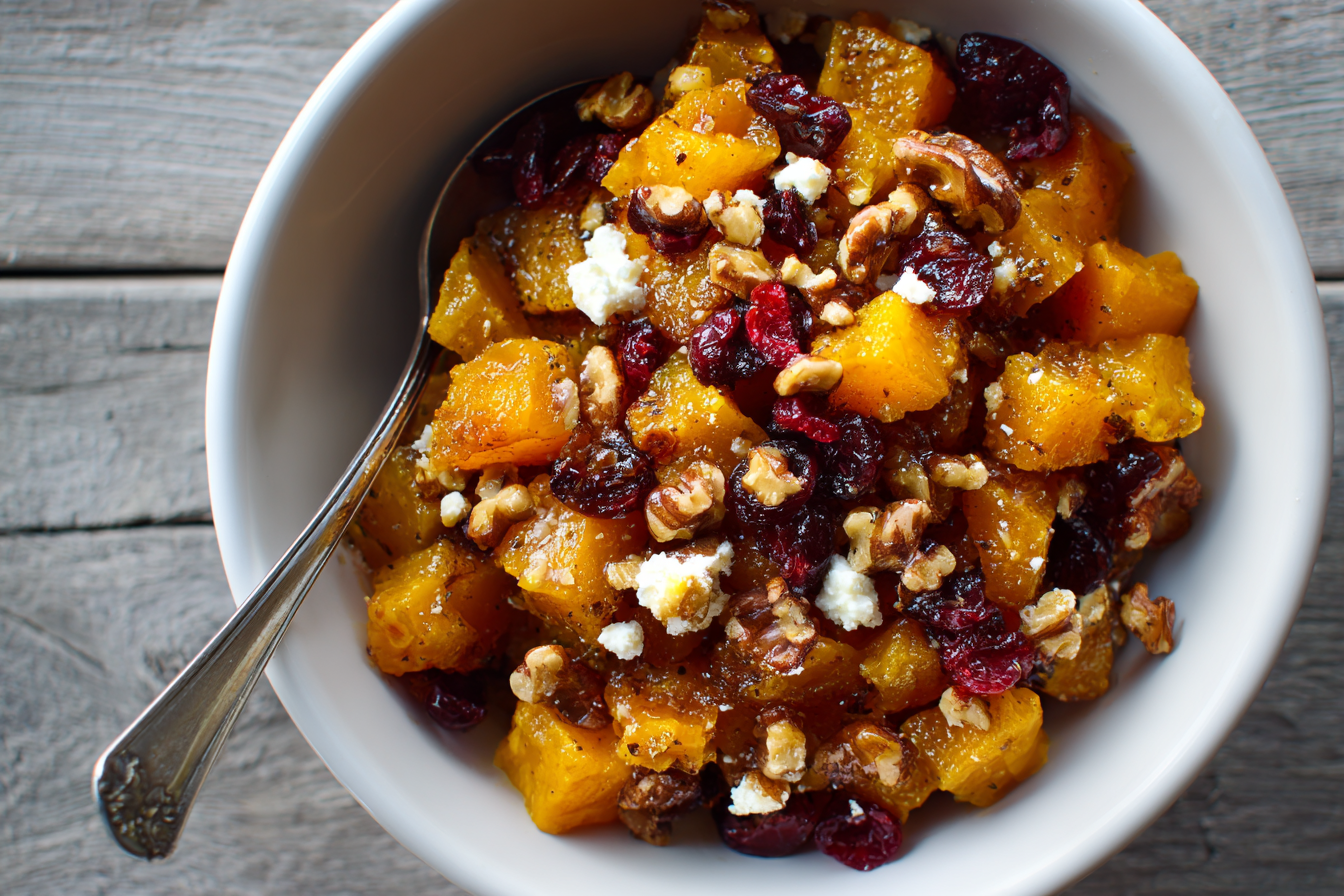 caramelized butternut squash with feta and walnuts in a bowl