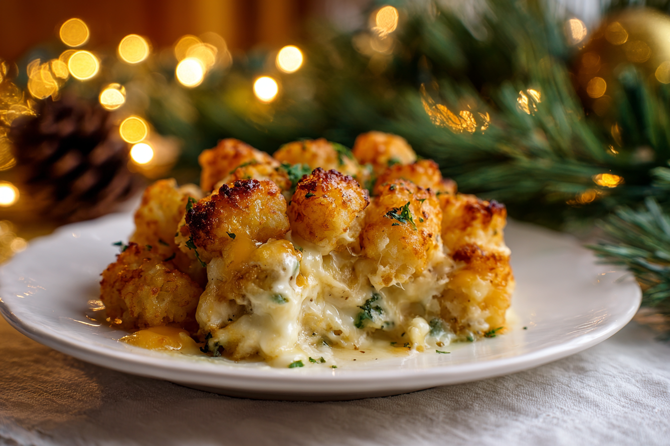 Plated serving of Chicken Alfredo Tater Tot Bake with crispy tots and creamy filling.