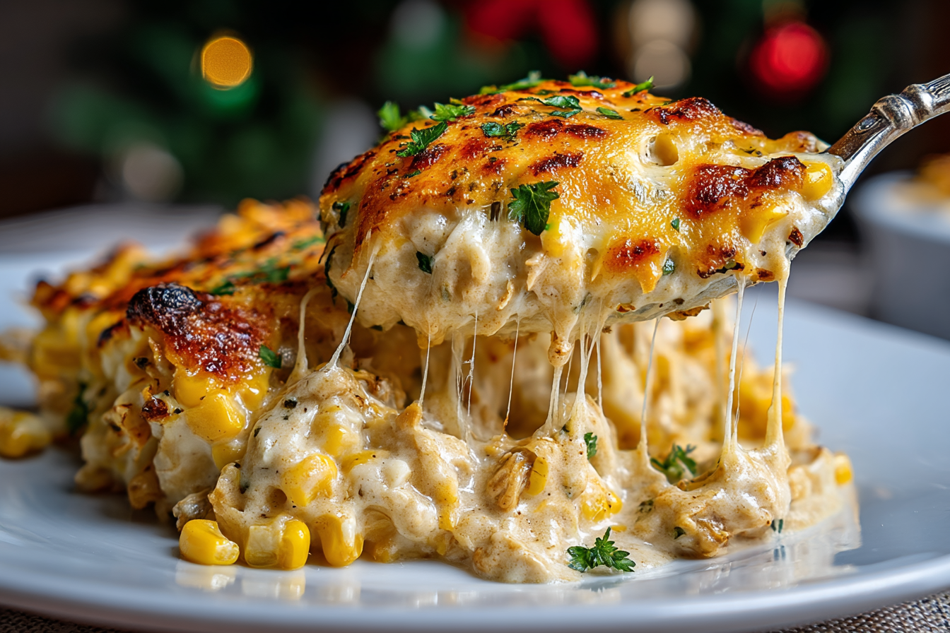 Plated serving of cheesy street corn chicken bake.