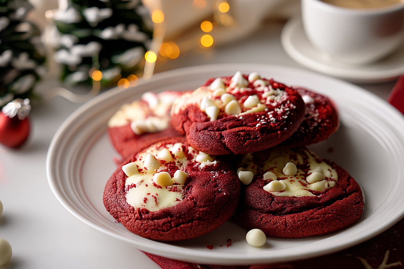 Holiday plate of red velvet cream cheese cookies.
