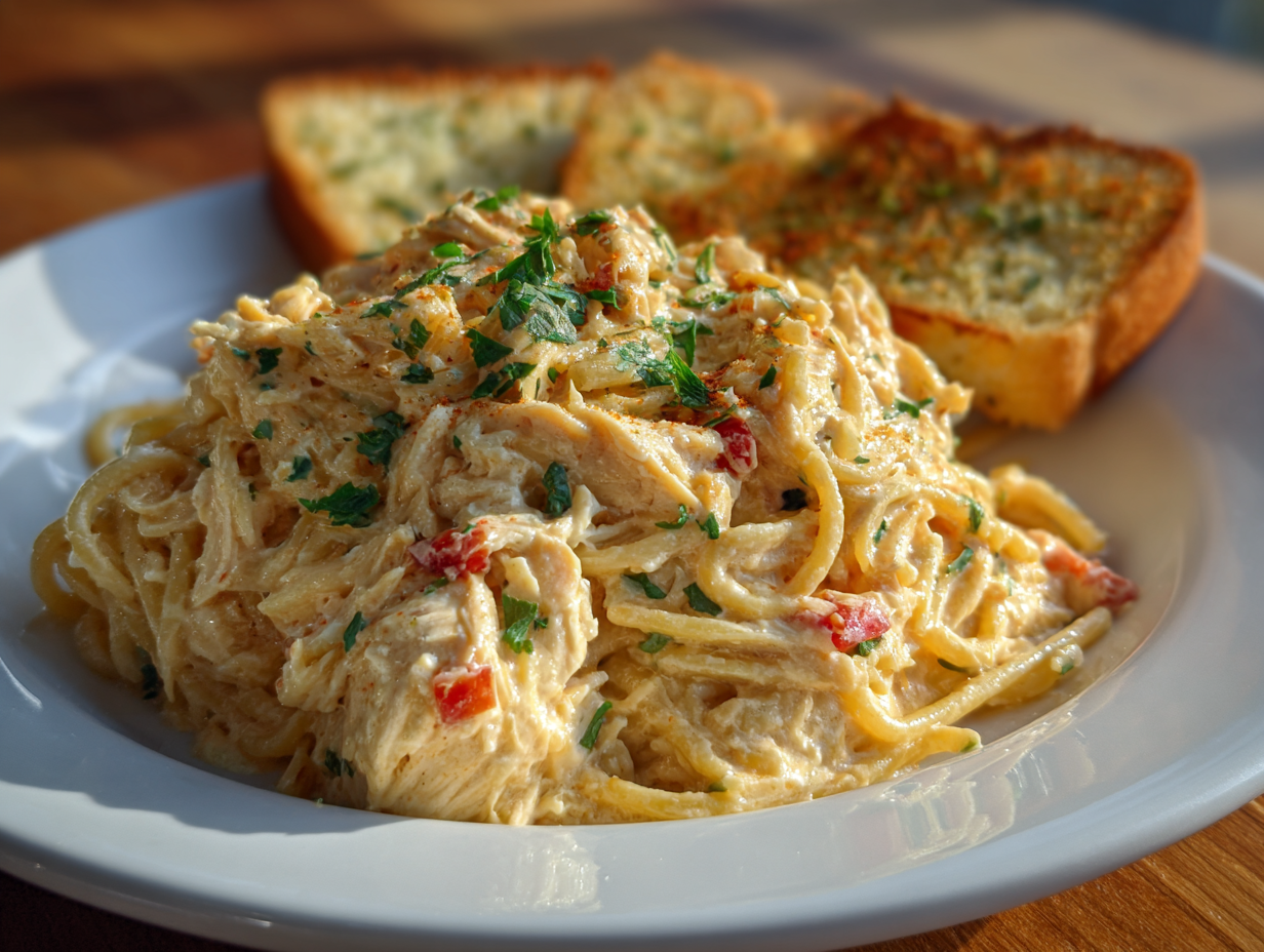 Served plate of Rotel Chicken Spaghetti Casserole with garlic bread and bean salad side