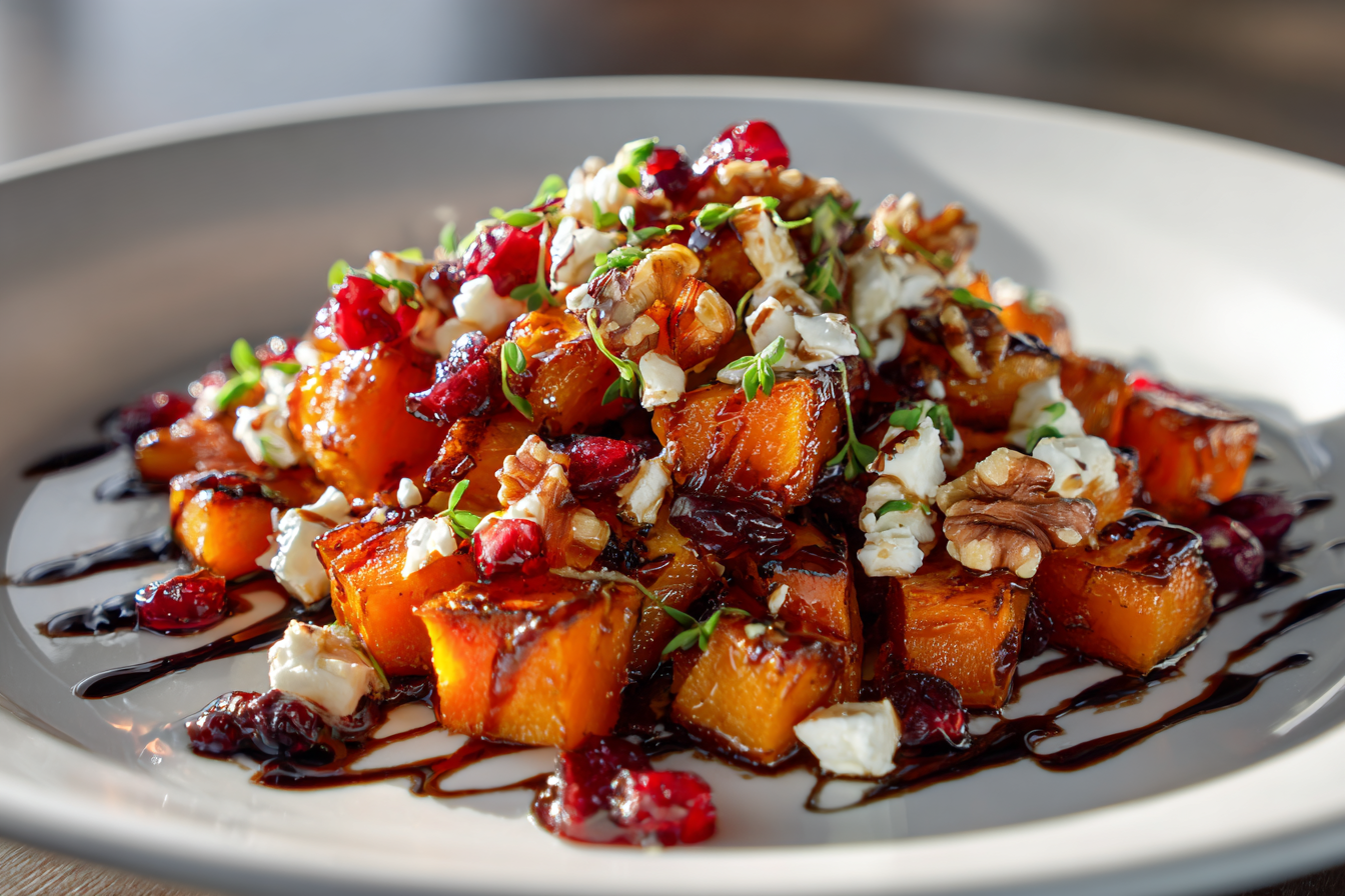 caramelized butternut squash drizzled with cranberry honey glaze