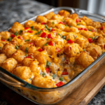 Bowl of creamy chicken, corn, cheese, and pepper casserole filling.