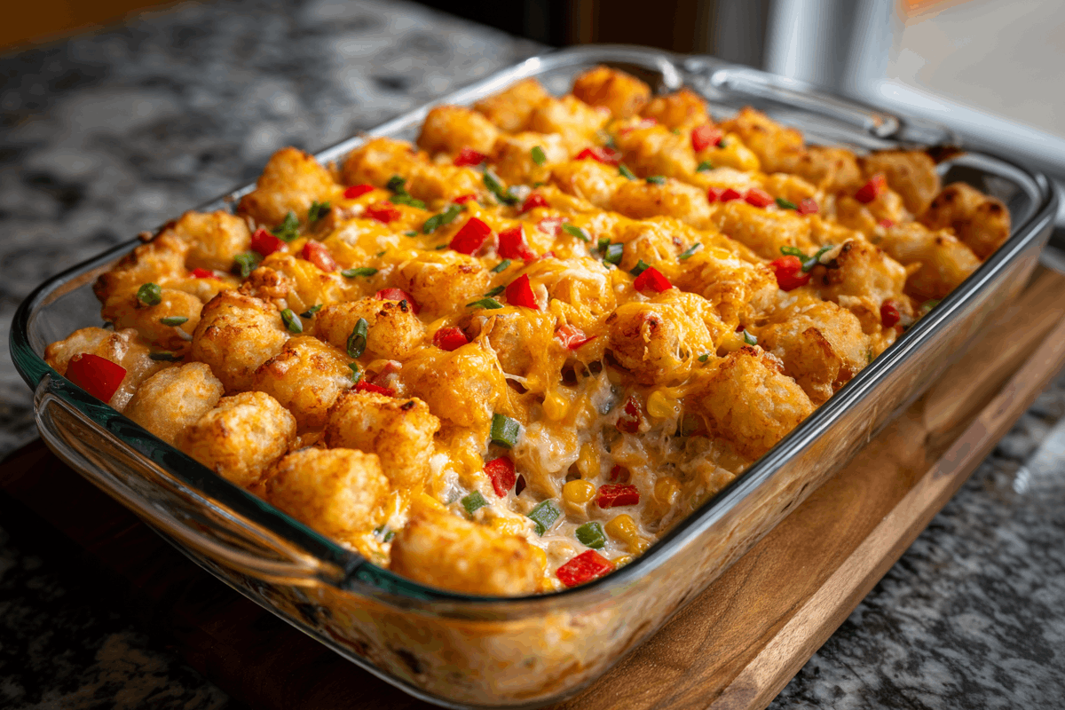 Bowl of creamy chicken, corn, cheese, and pepper casserole filling.