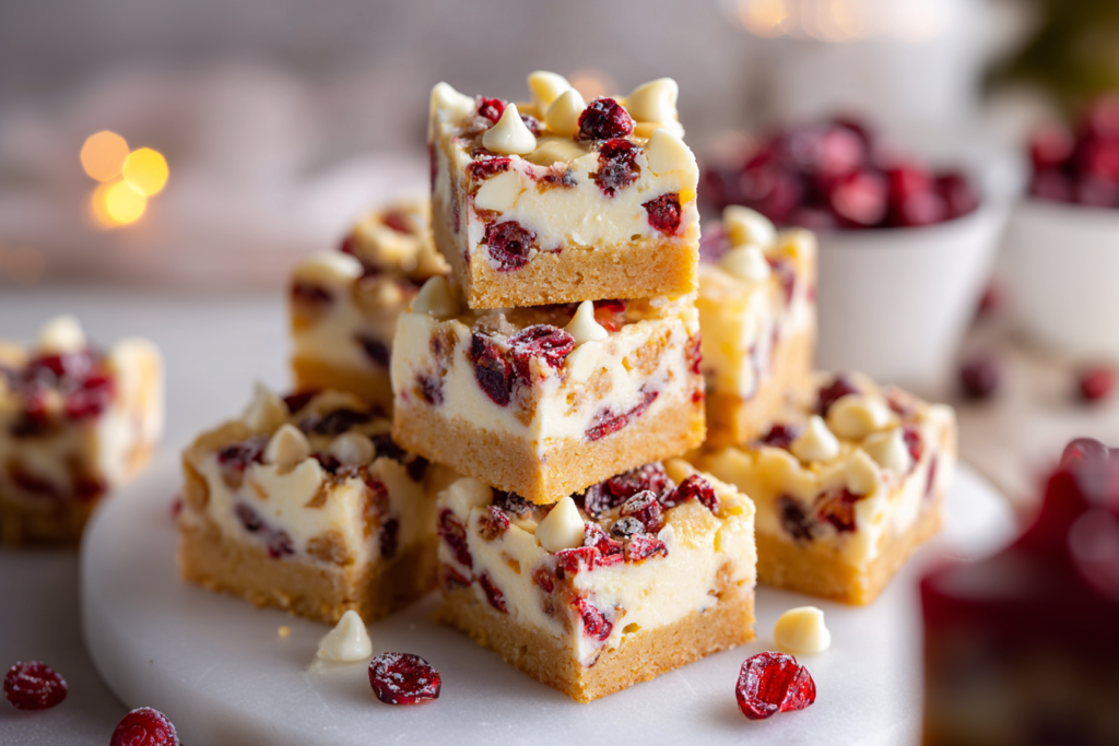 Holiday cranberry cheesecake cookie squares served on a white plate.