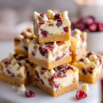 Holiday cranberry cheesecake cookie squares served on a white plate.