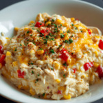 Christmas chicken rice bake in a white casserole dish.