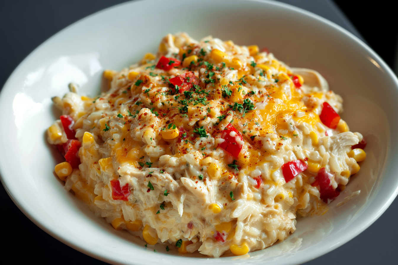 Christmas chicken rice bake in a white casserole dish.