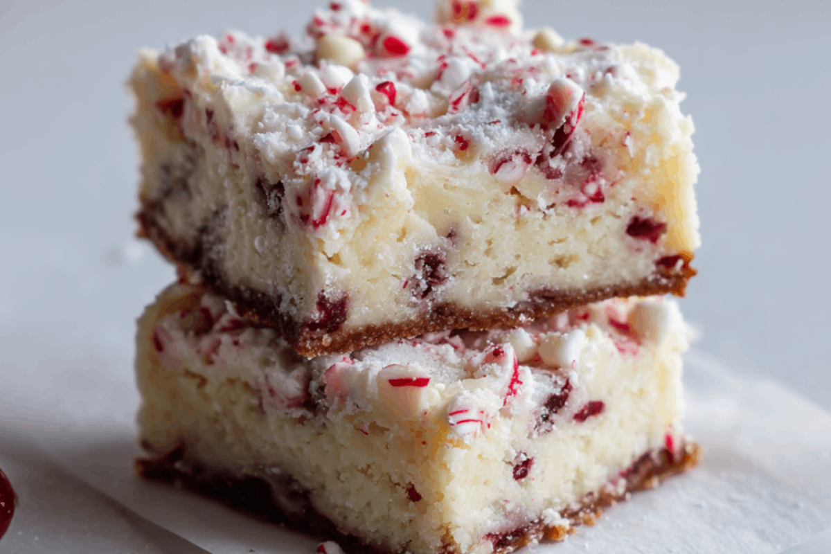 White chocolate peppermint cheesecake crinkle bars dusted with powdered sugar.