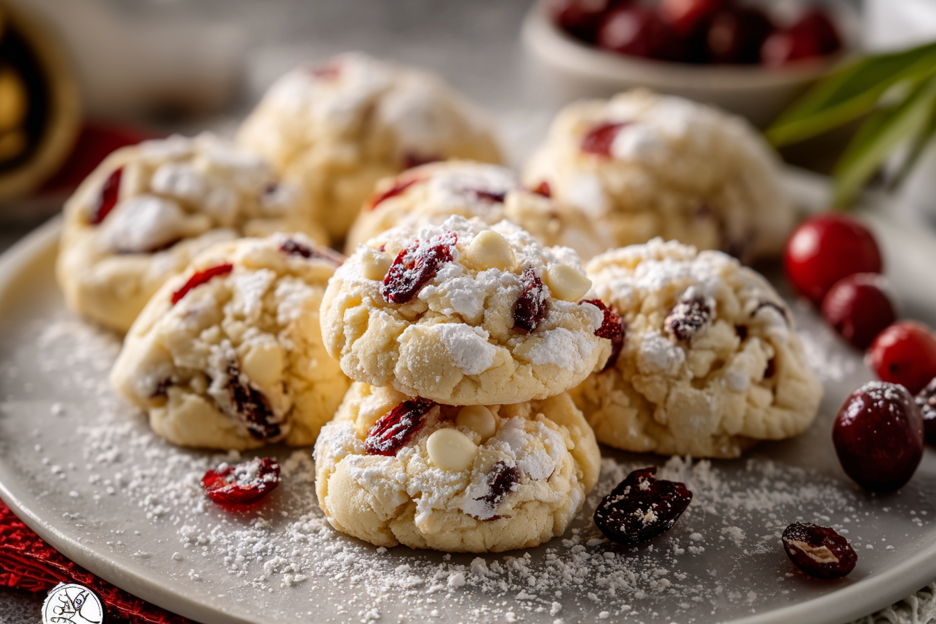 White Chocolate Cranberry Cream Cheese Crinkle Cookies dusted with powdered sugar on a a cooking paper