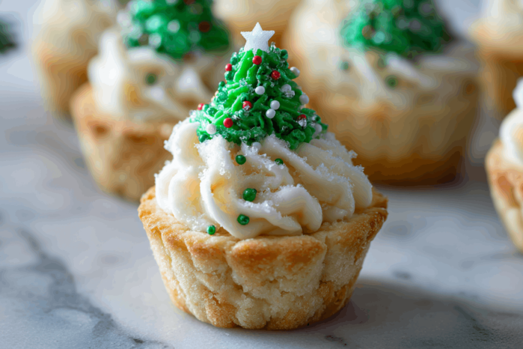 Christmas Tree Cream Cheese Cookie Cups decorated with green frosting and sprinkles.