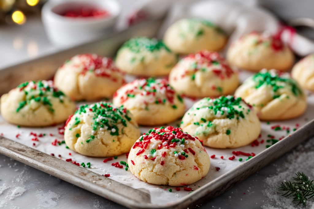 Soft Cream Cheese Christmas Cookies topped with red and green sprinkles a