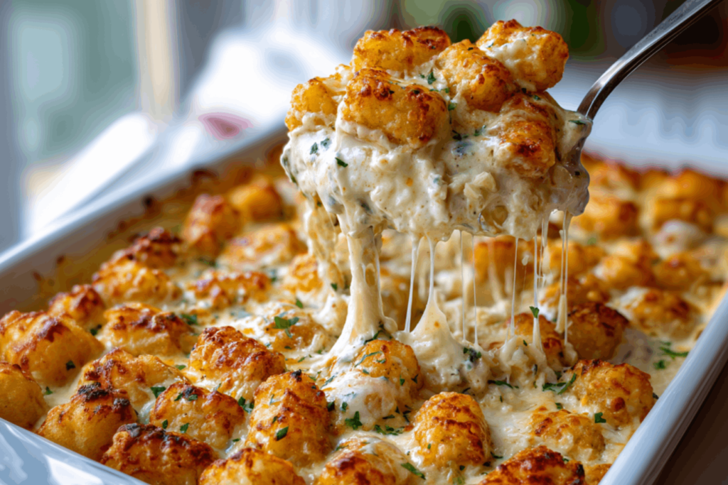 Creamy Chicken Alfredo Tater Tot Bake with golden crispy tater tots in a white baking dish.