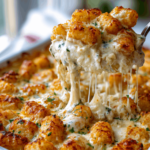 Creamy Chicken Alfredo Tater Tot Bake with golden crispy tater tots in a white baking dish.