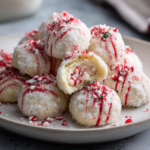 Candy Cane Snowball Cookies dusted with powdered sugar on a white plate Caption: Soft, snowy Candy Cane Cream Cheese Snowball Cookies